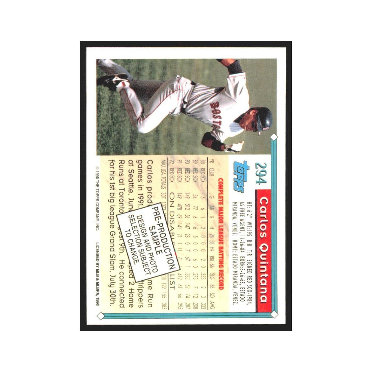 1993 Topps Carlos Quintana Red Sox #294