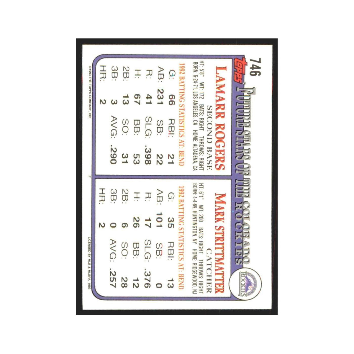 1993 Topps Mark Strittmatter/Lamarr Rogers Rockies #746