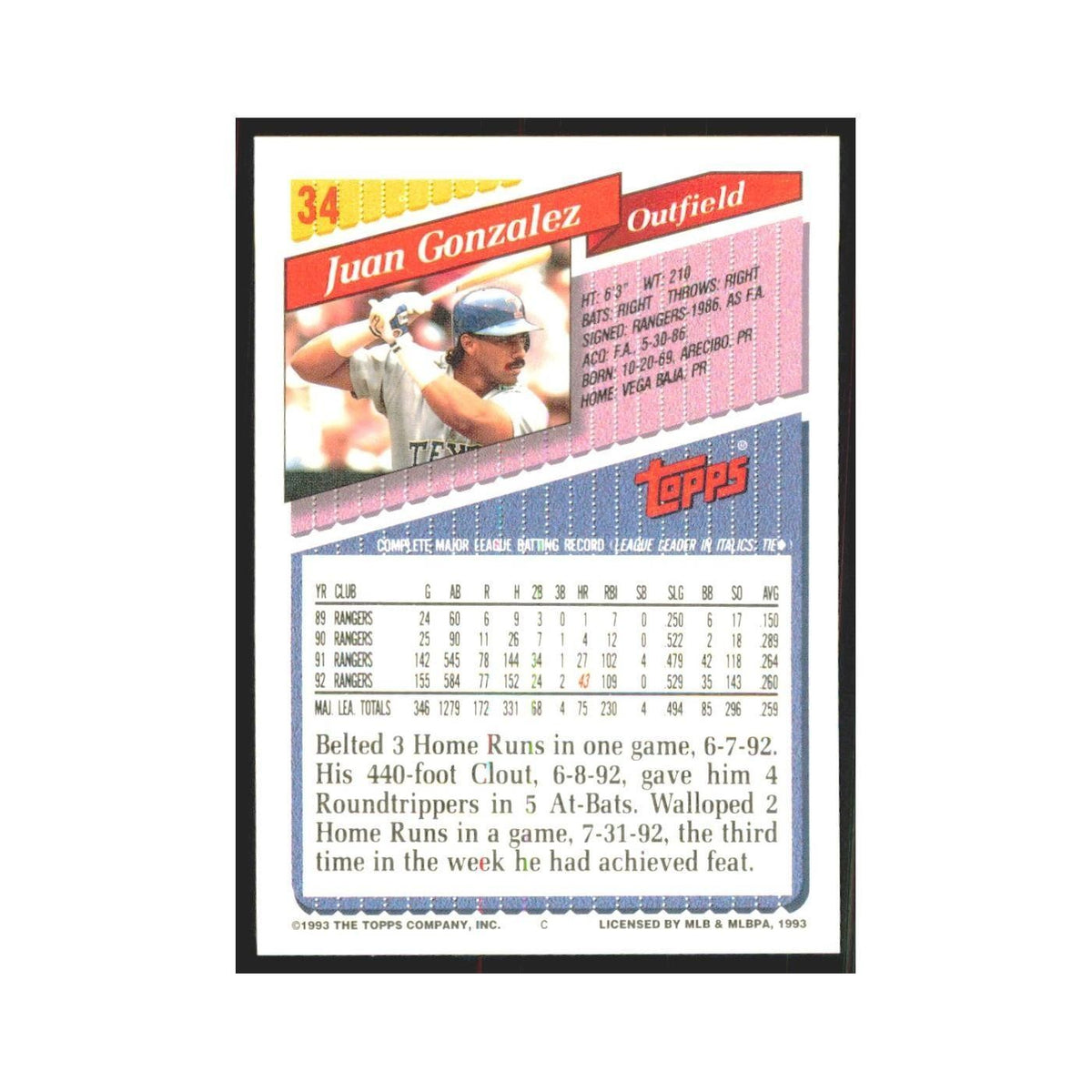 1993 Topps Juan Gonzalez Rangers #34