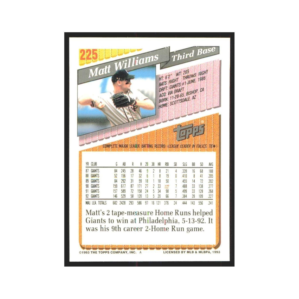 1993 Topps Matt Williams Giants #225