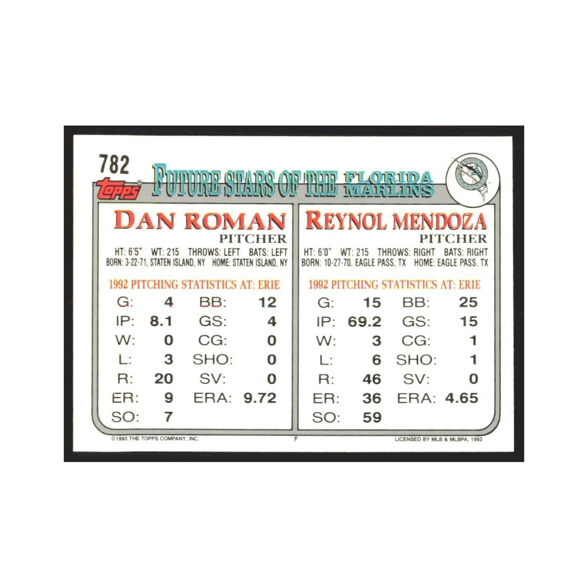 1993 Topps Reynol Mendoza/Dan Roman Florida Marlins #782