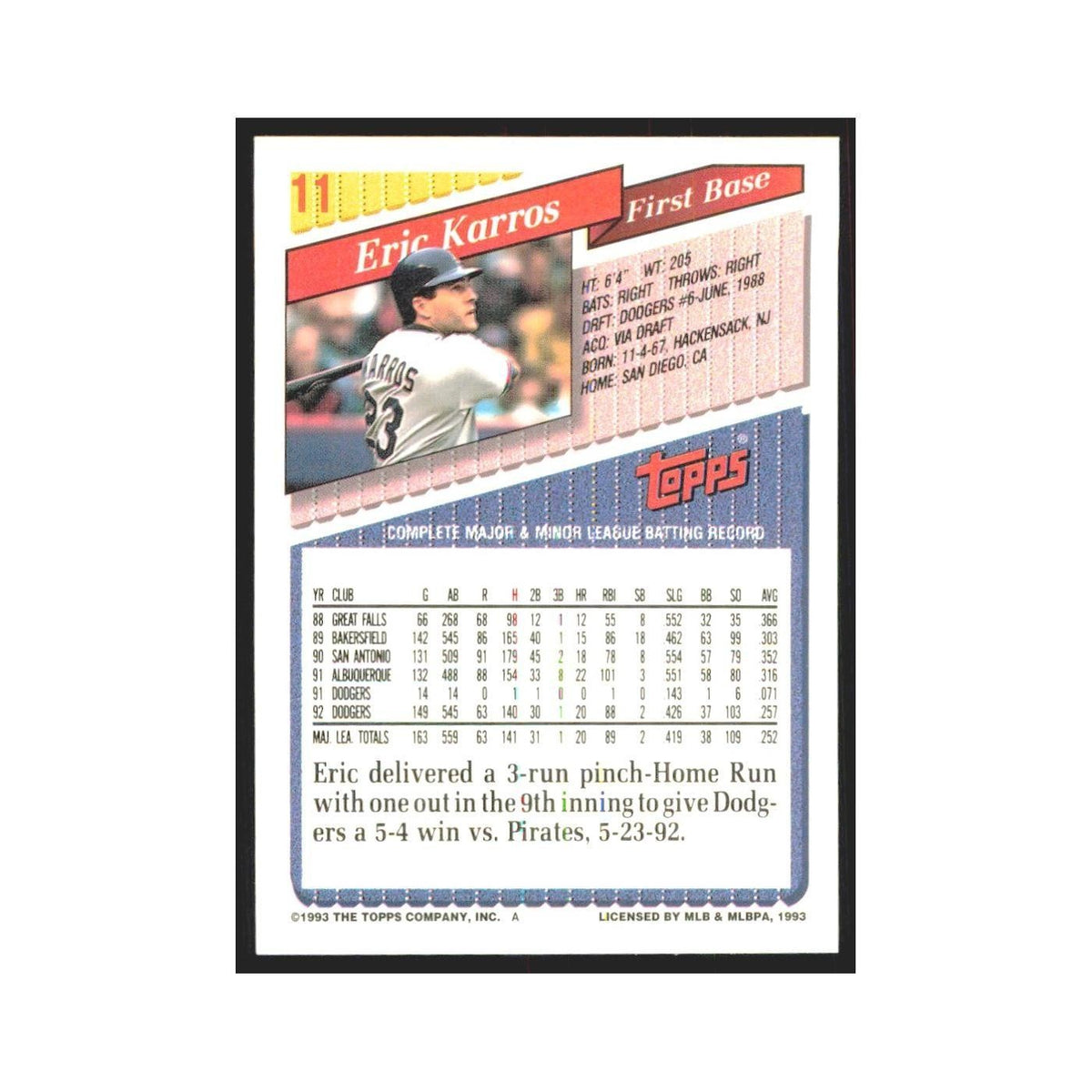 1993 Topps Eric Karros Dodgers #11