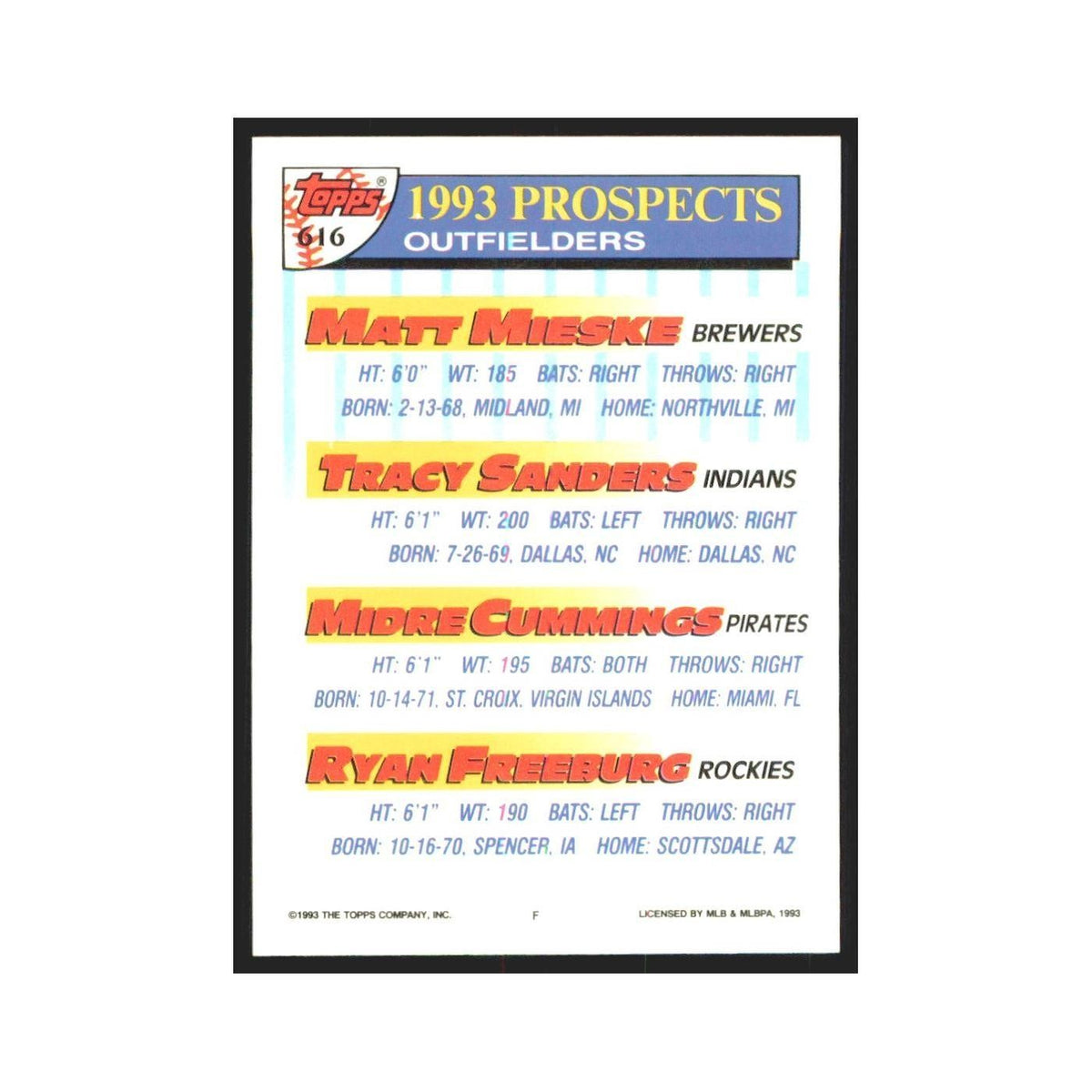 1993 Matt Mieske/Tracy Sanders/Midre Cummings/Ryan Freeburg Milwaukee Brewers/Cl