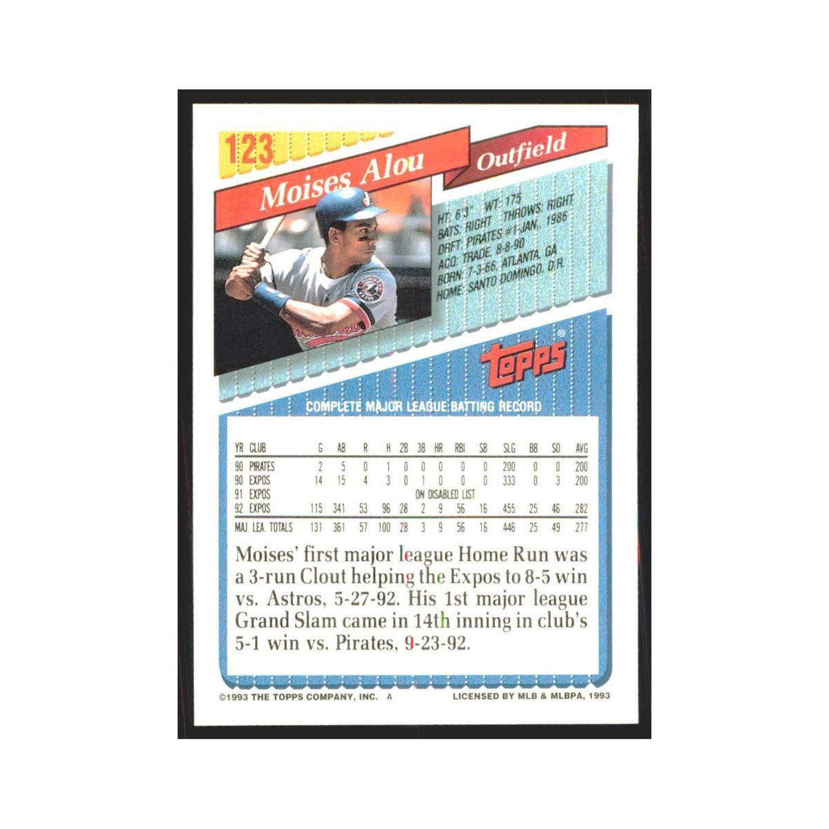 1993 Topps Moises Alou Montreal Expos #123