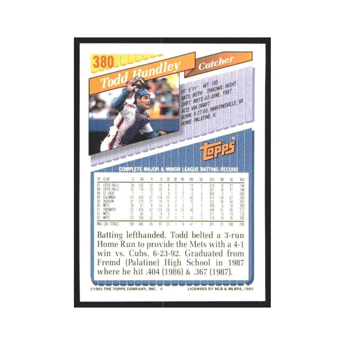 1993 Topps Todd Hundley Mets #380