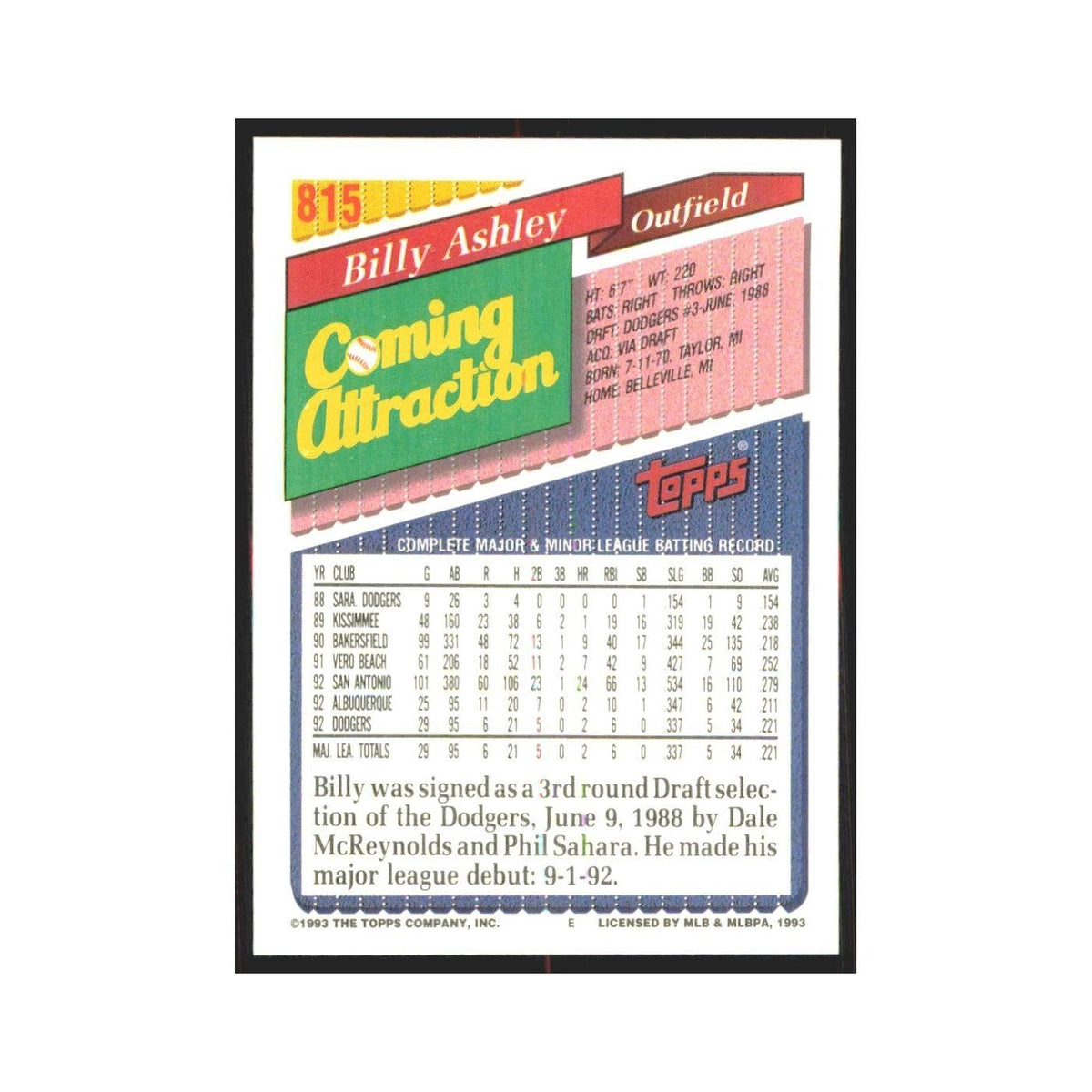 1993 Topps Billy Ashley Dodgers #815