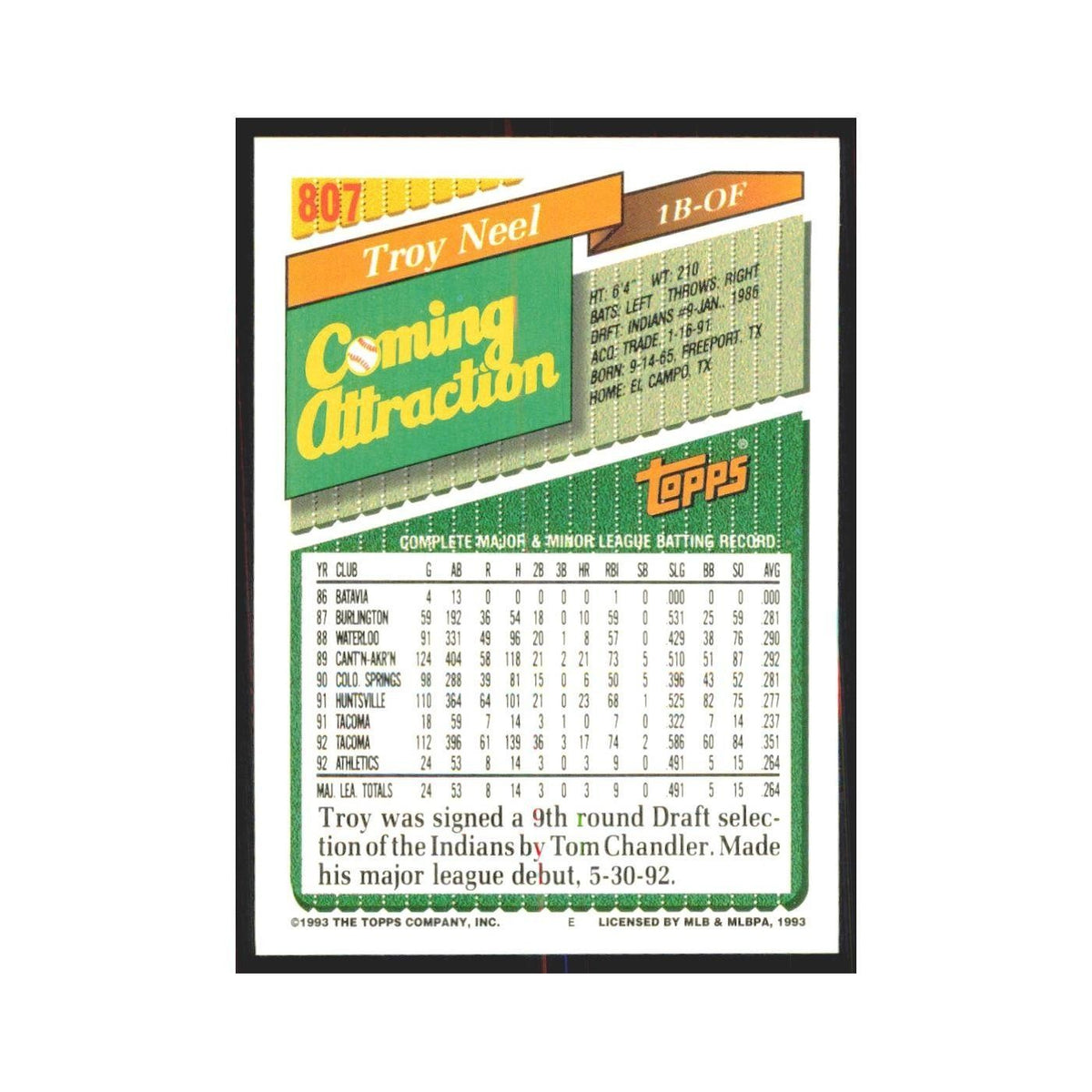 1993 Topps Troy Neel Athletics #807