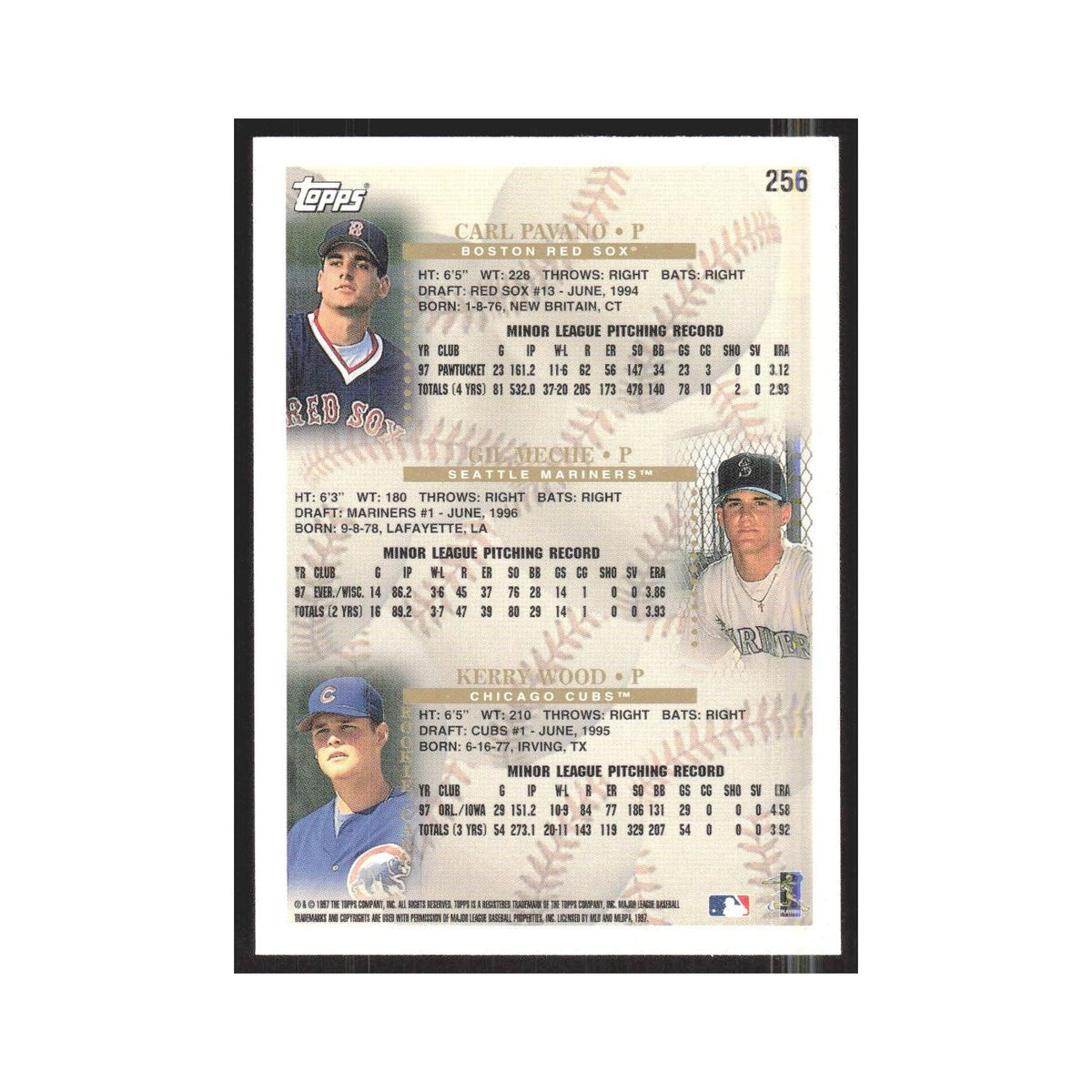 1998 Topps Carl Pavano/Gil Meche/Kerry Wood #256