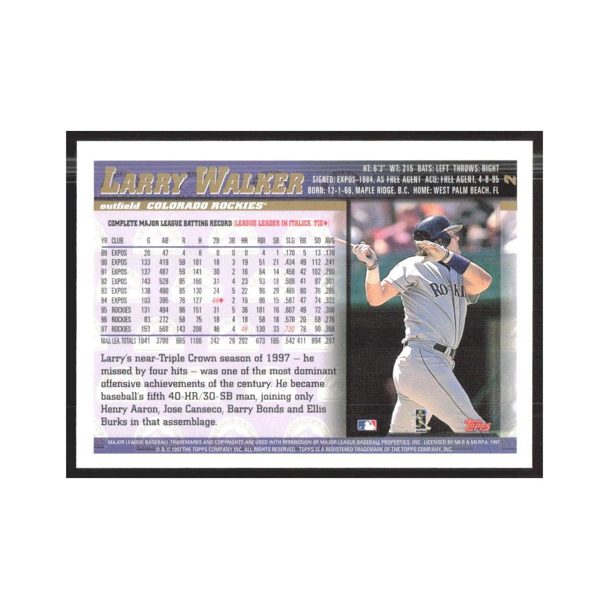 1998 Topps Larry Walker Rockies #2