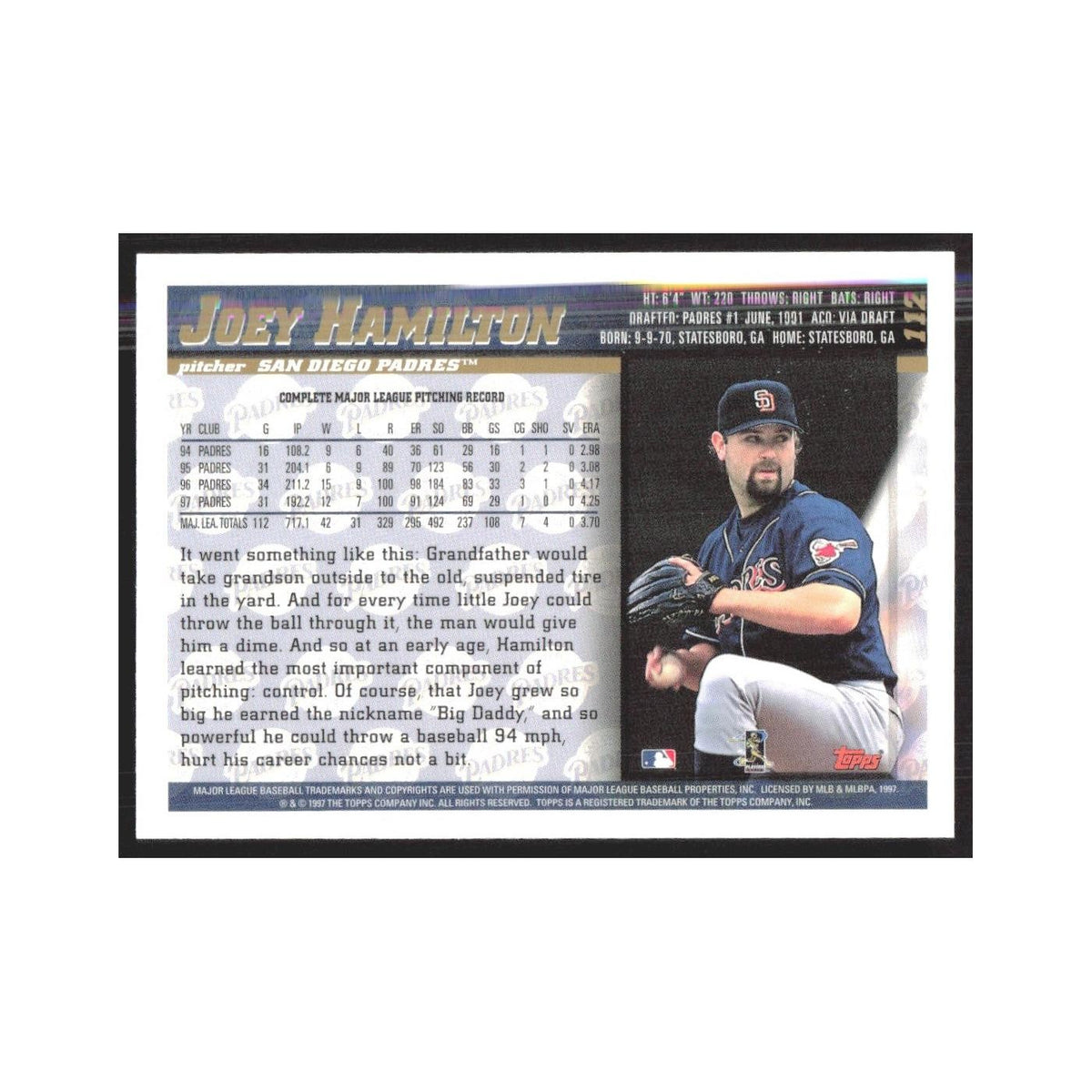 1998 Topps Joey Hamilton San Diego Patres #112