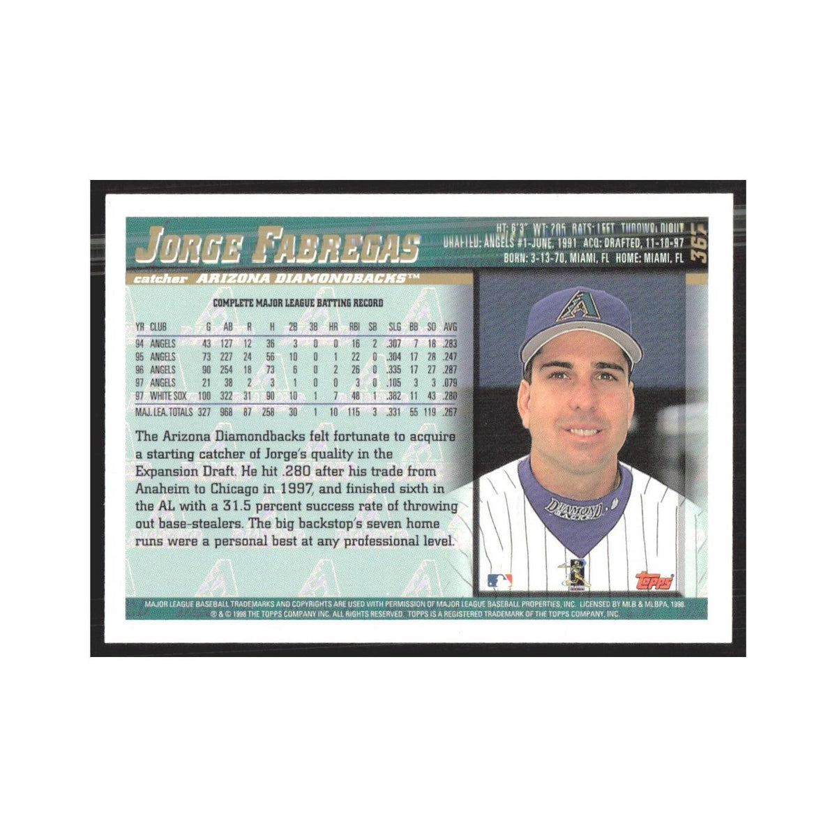 1998 Topps Jorge Fabregas Diamondbacks #367