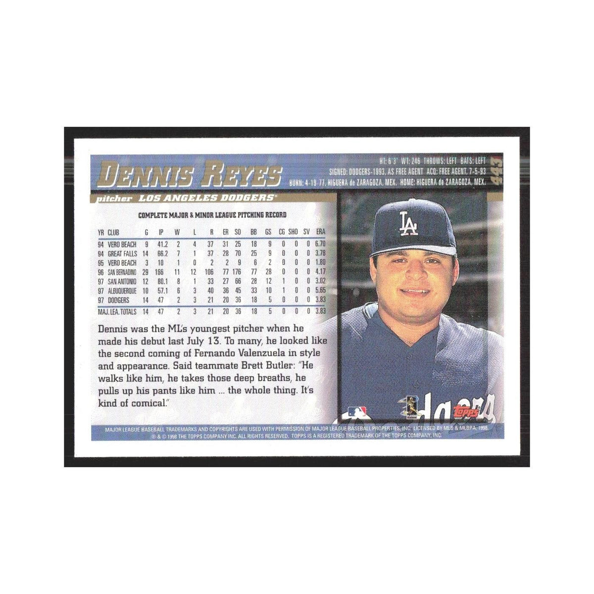 1998 Topps Dennis Reyes Dodgers #443