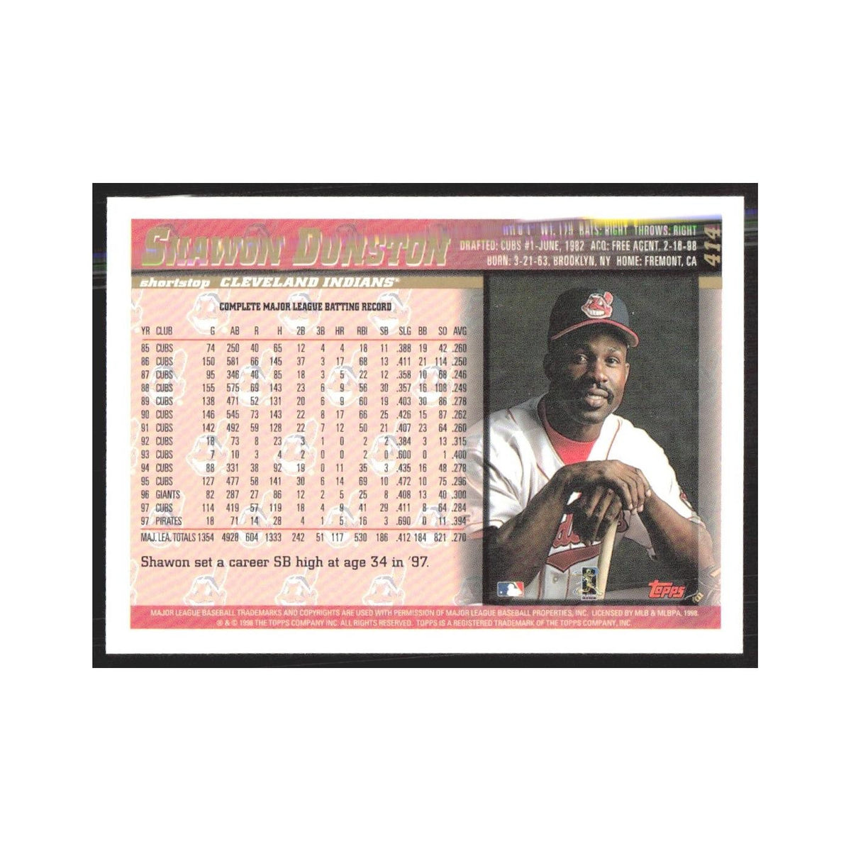 1998 Topps Shawon Dunston Indians #414