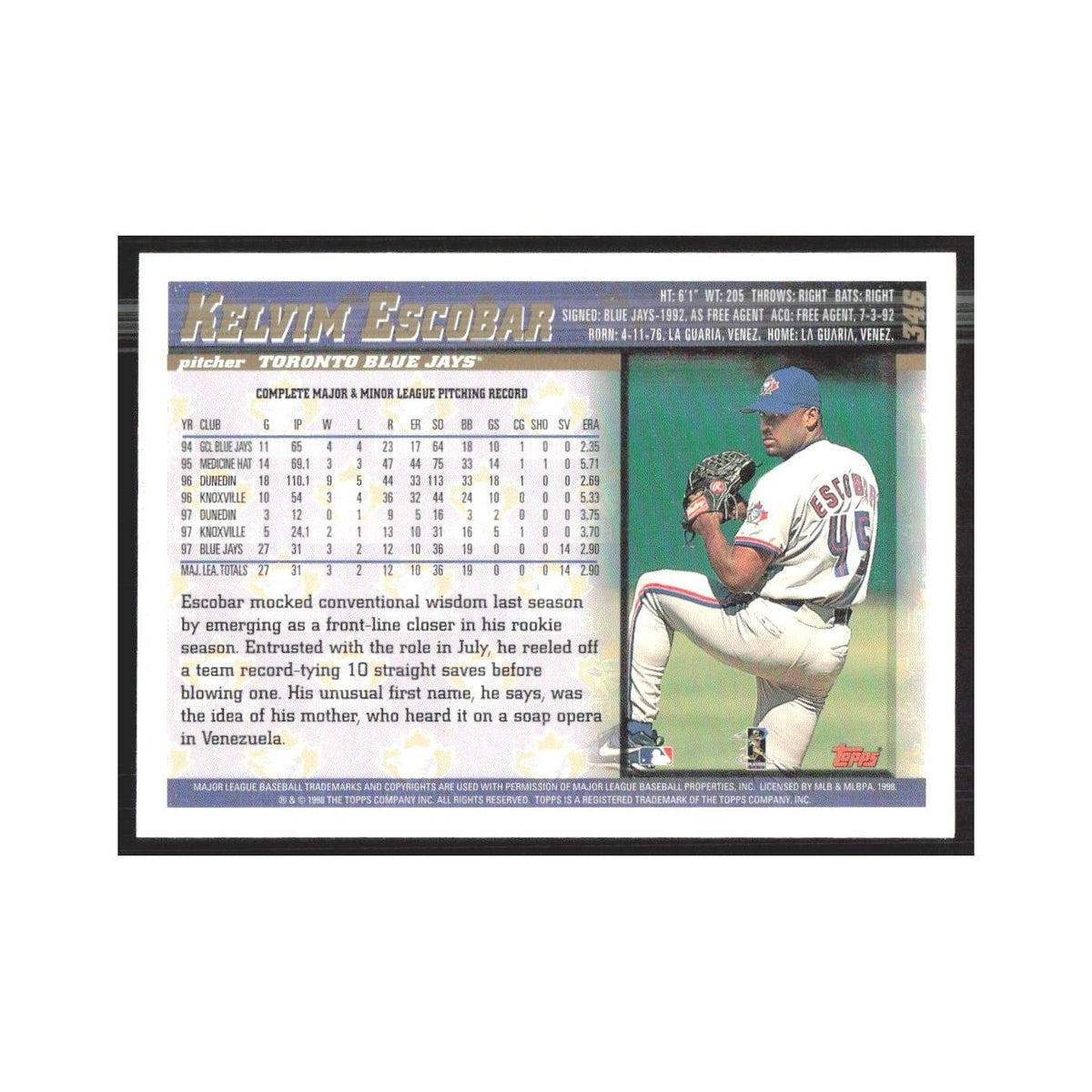 1998 Topps Kelvim Escobar Blue Jays #346