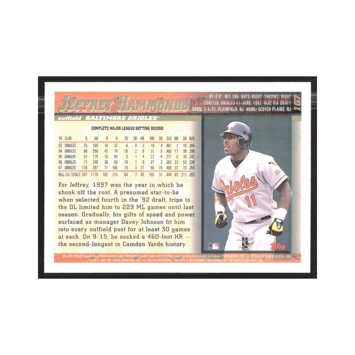 1998 Topps Jeffrey Hammonds Orioles #107