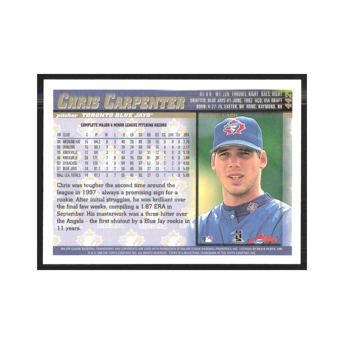 1998 Topps Chris Carpenter Blue Jays #442