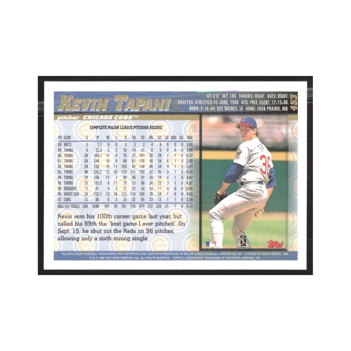 1998 Topps Kevin Tapani Cubs #453