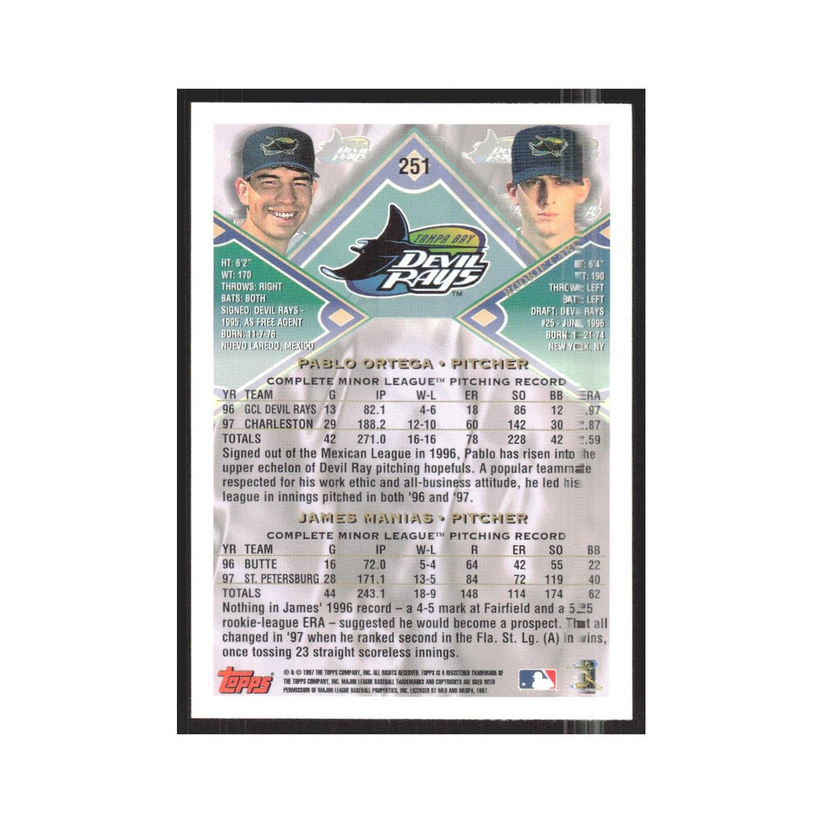 1998 Topps Pablo Oetega/James  Manias Rays #251