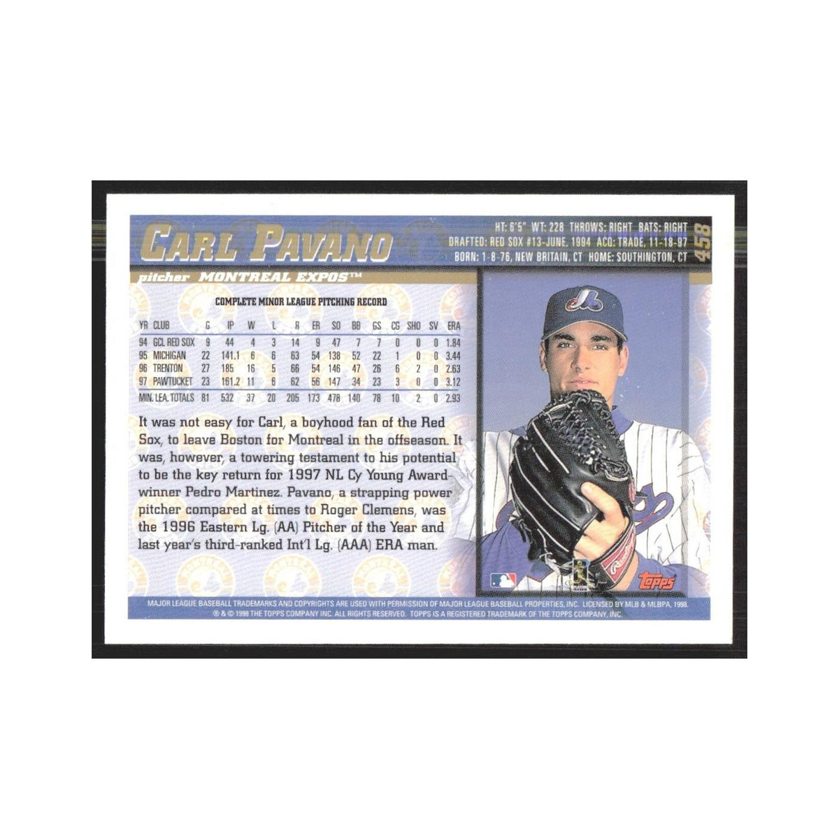 1998 Topps Carlos Pavano Montreal Expos #458