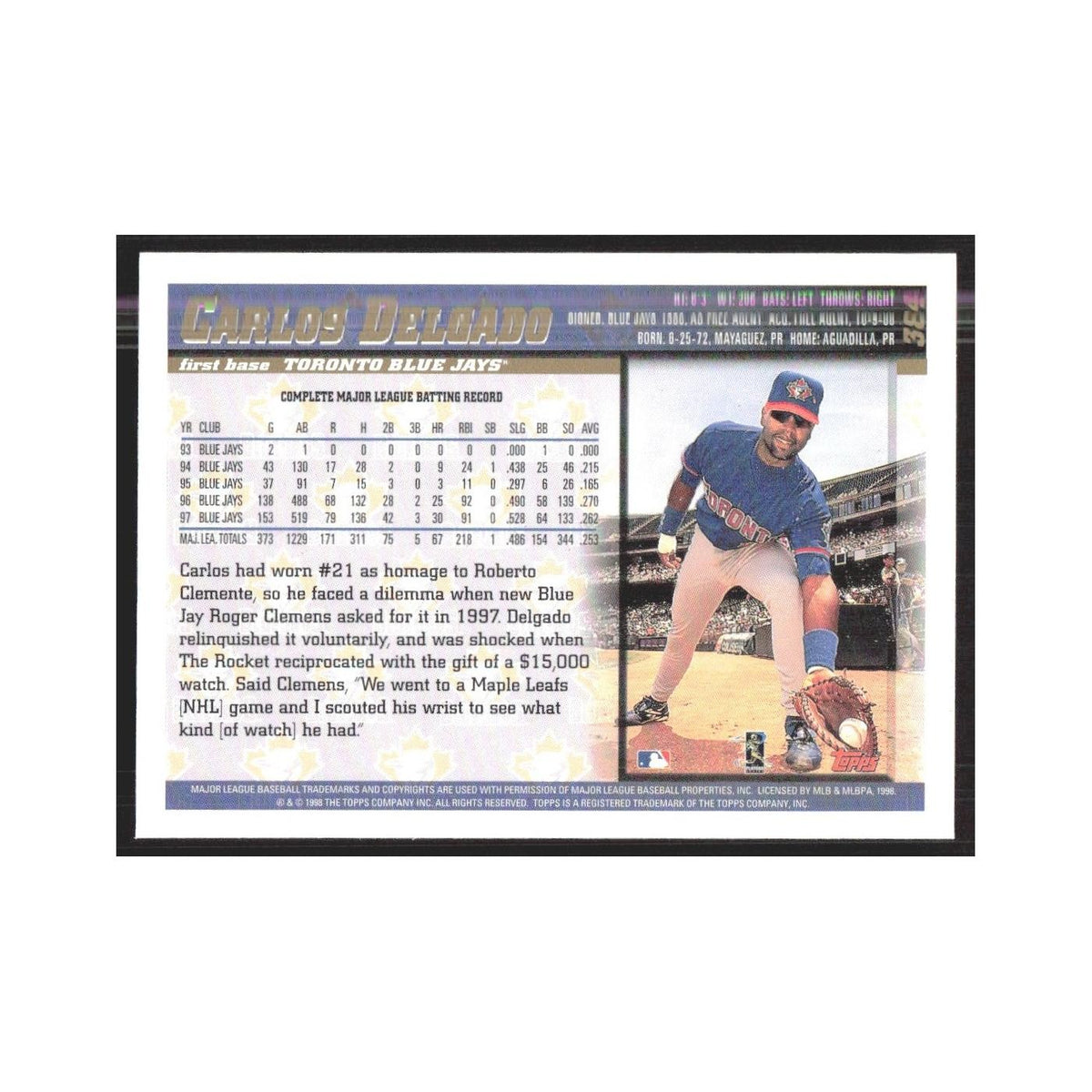 1998 Topps Carlos Delgado Blue Jays #384