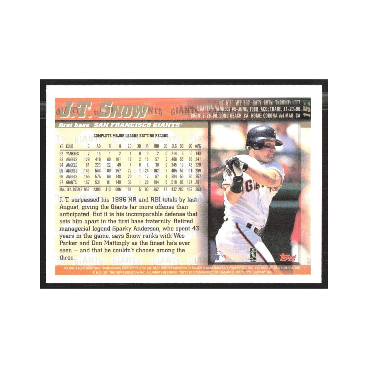 1998 Topps J.T. Snow Giants #151