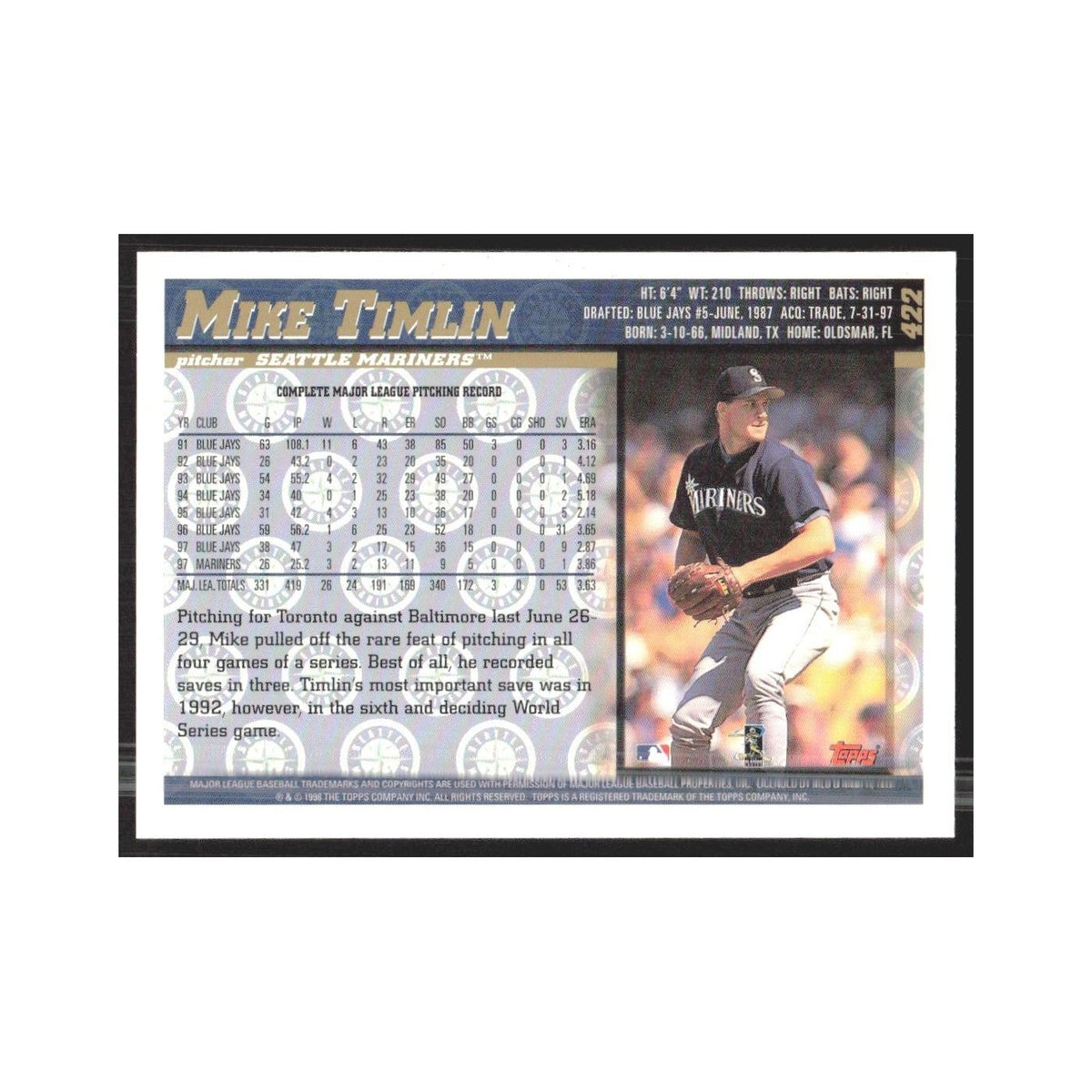 1998 Topps Mike Timlin Mariners #422