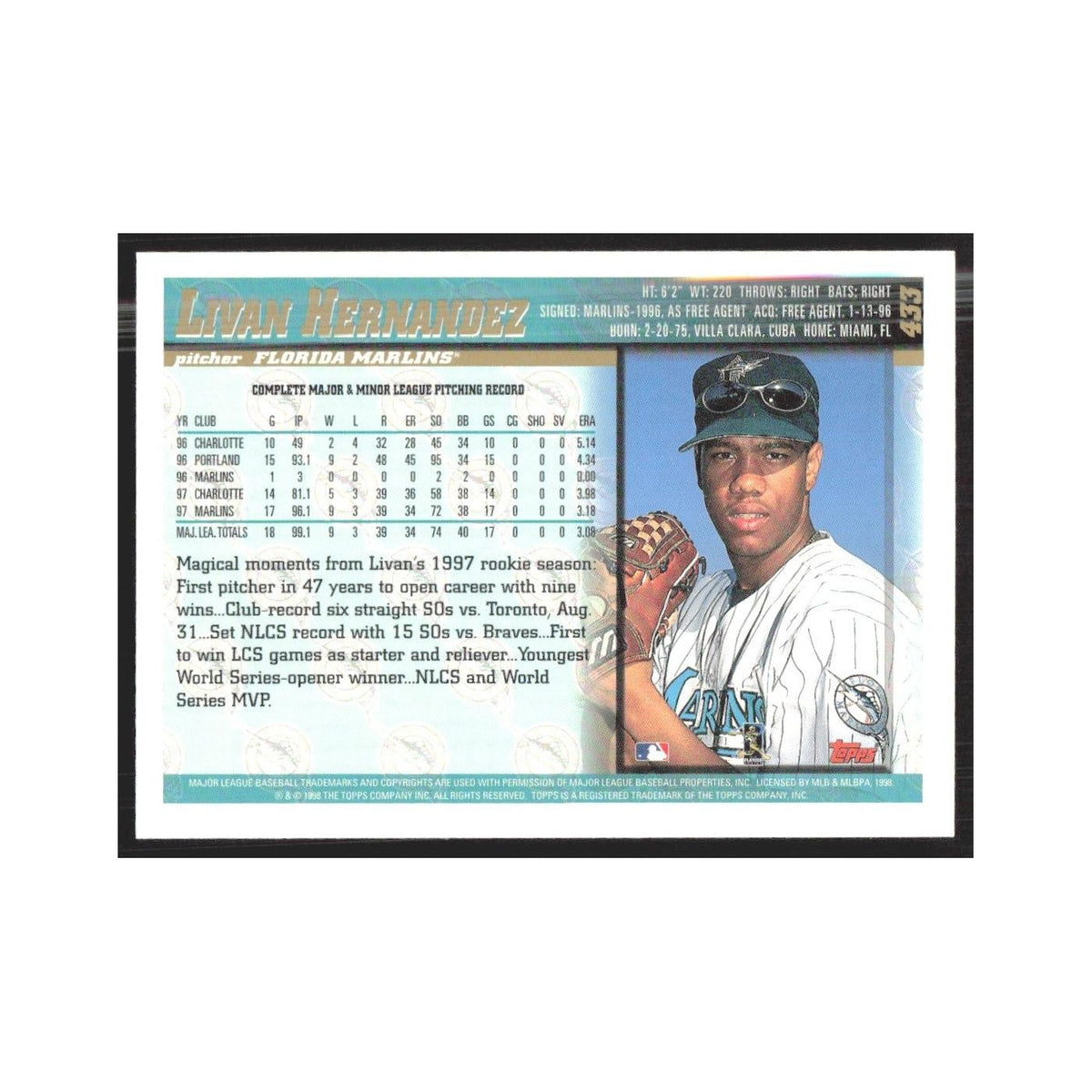 1998 Topps Livan Hernandez Florida Marlins #433