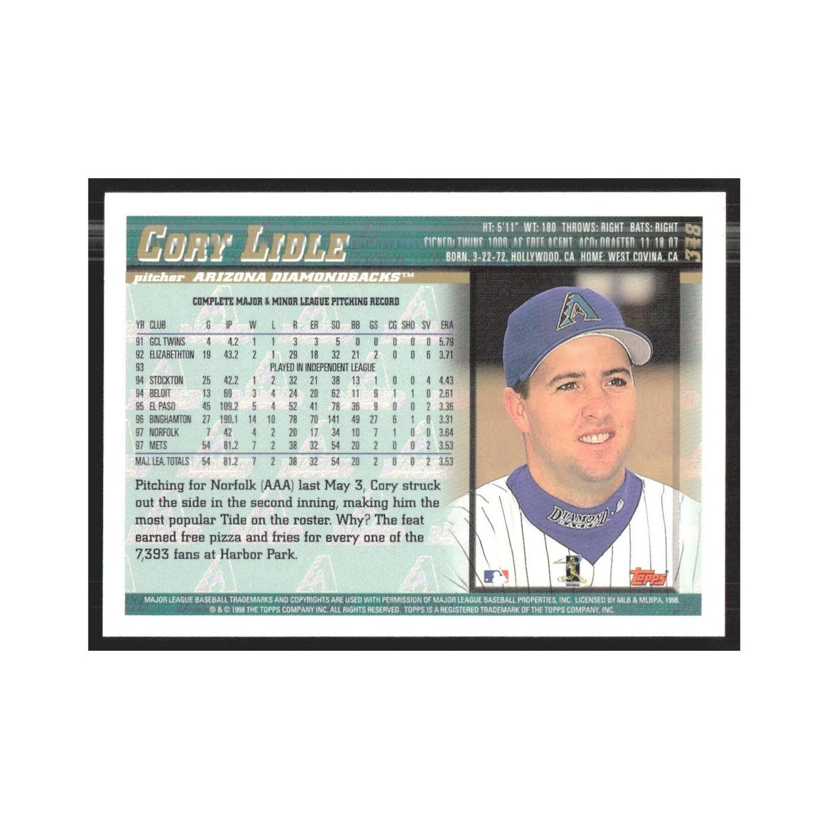 1998 Topps Cory Lidle Diamondbacks #348