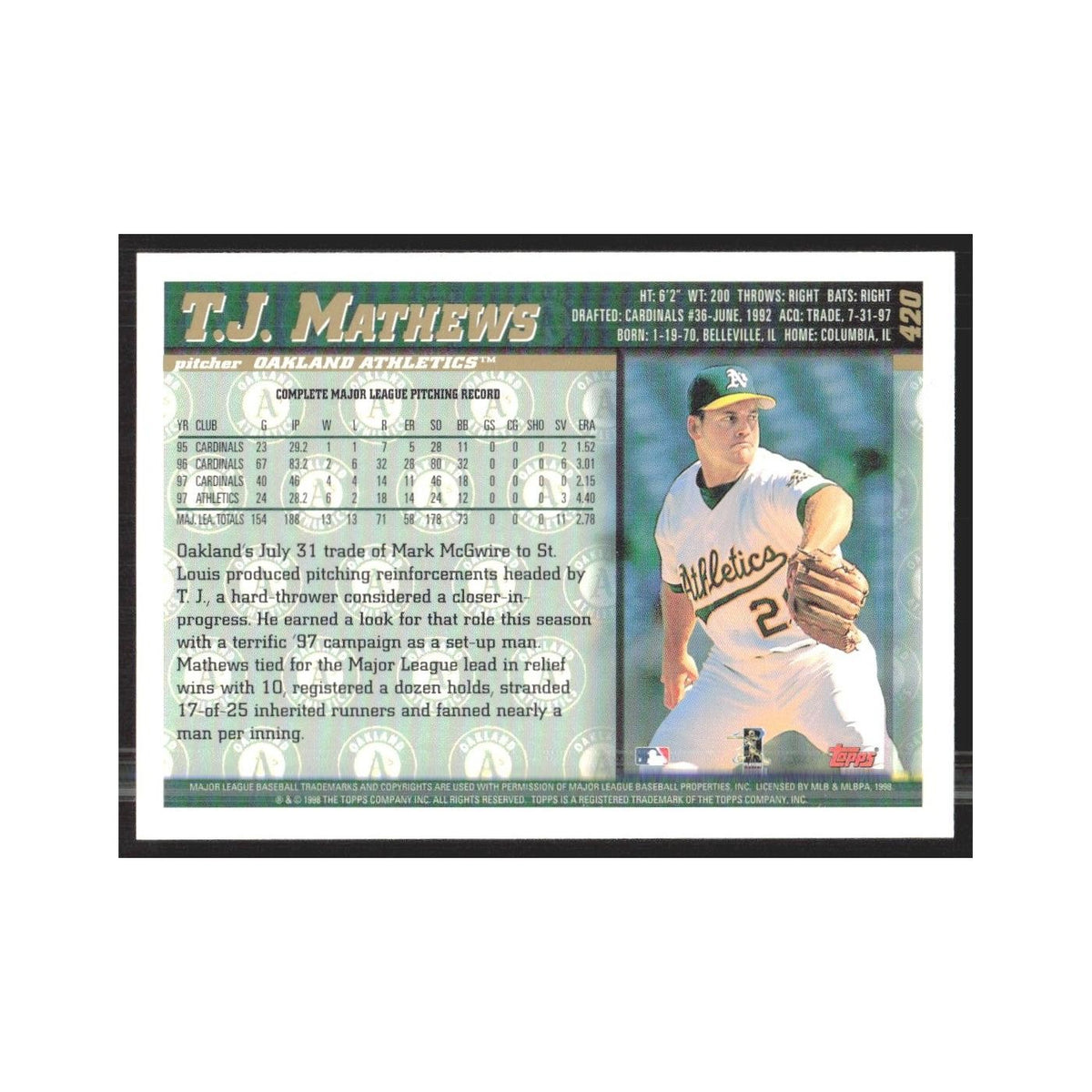 1998 Topps T.J. Mathews Athletics #420