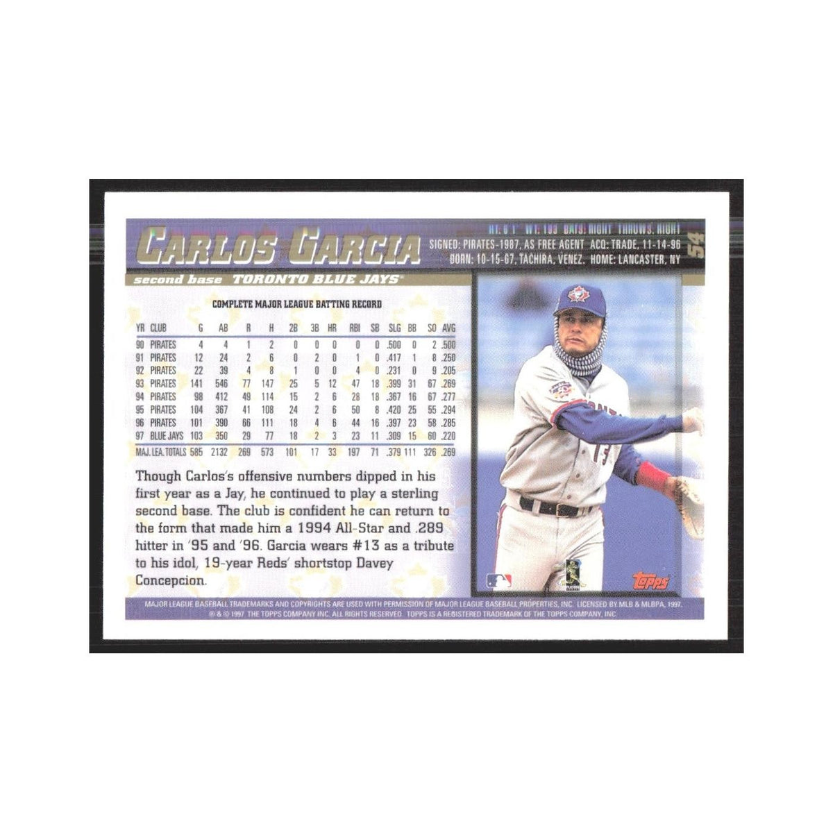 1998 Topps Carlos Garcia Blue Jays #54