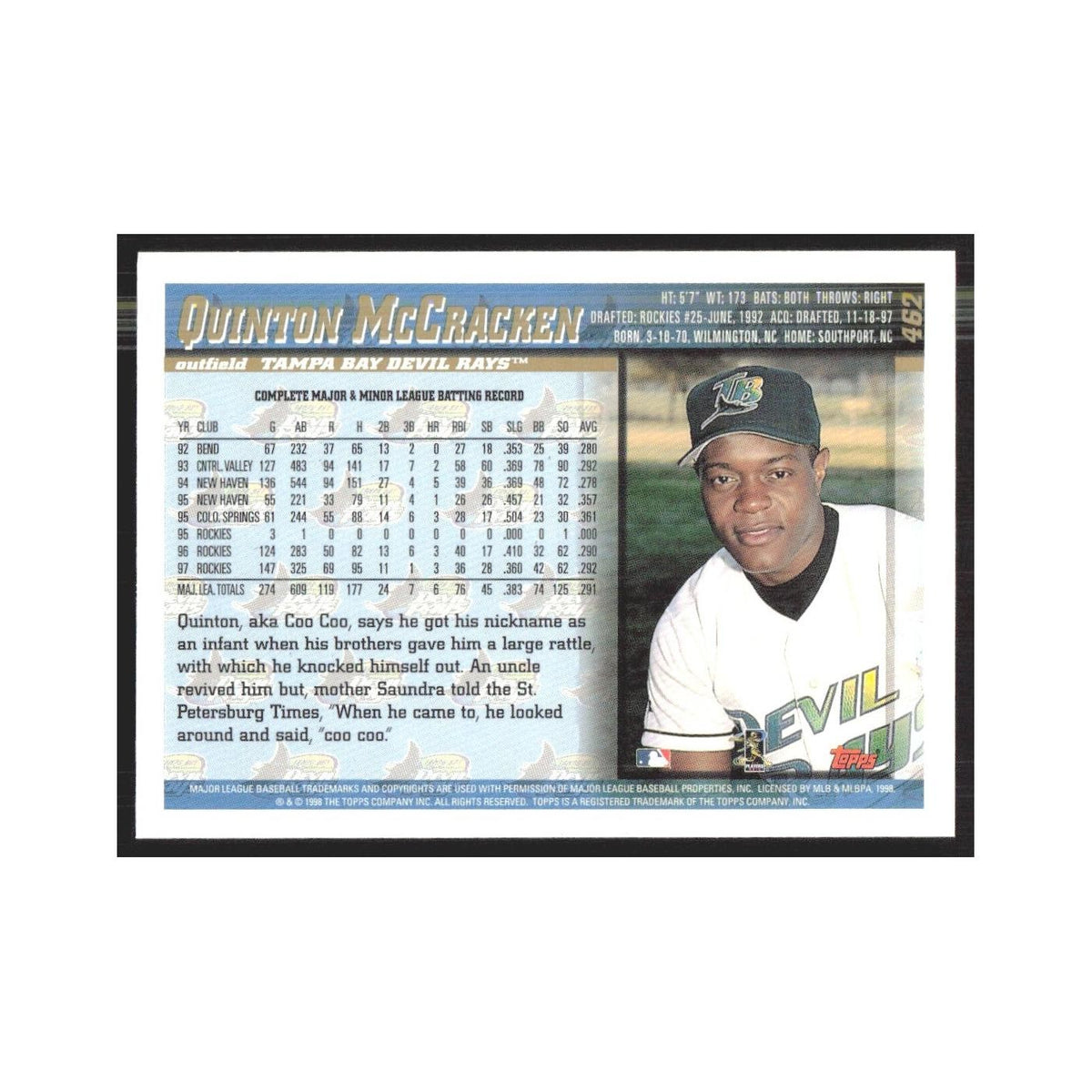 1998 Topps Quinton McCracken Rays #462