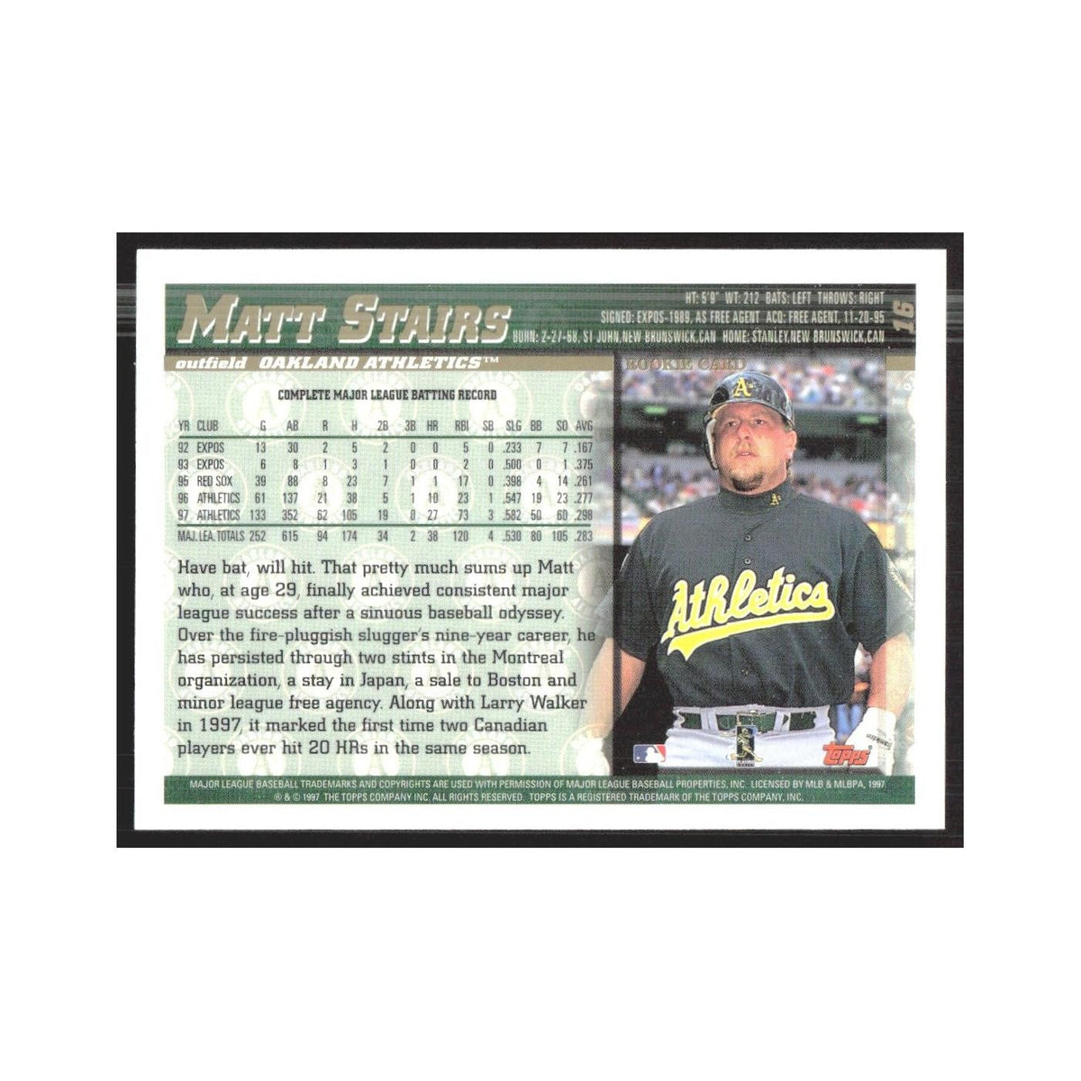 1998 Topps Matt Stairs Athletics #16