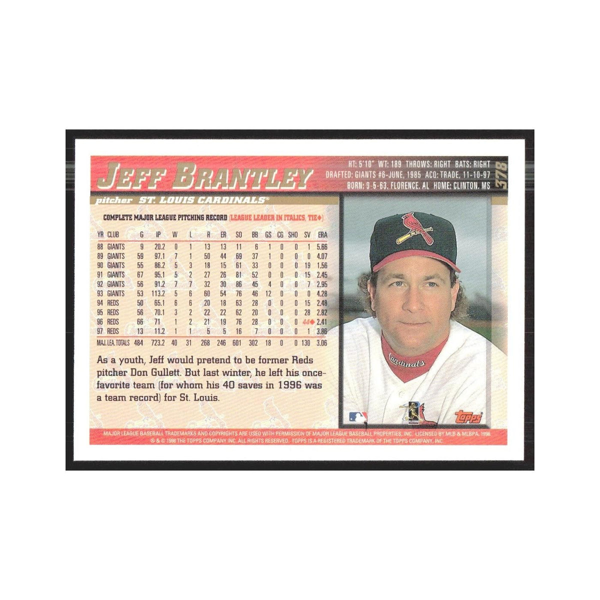 1998 Topps Jeff Brantley Cardinals #378