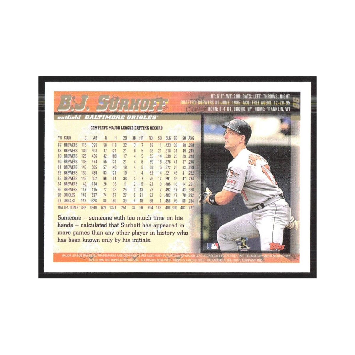 1998 Topps B.J. Surhoff Orioles #86