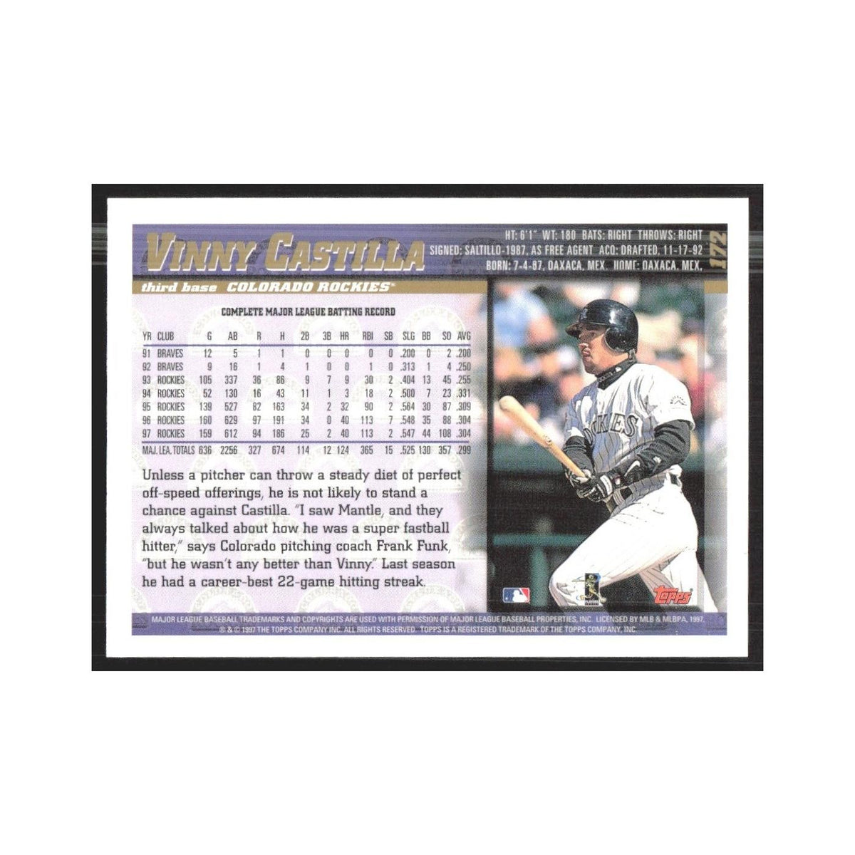 1998 Topps Vinny Castilla Rockies #172