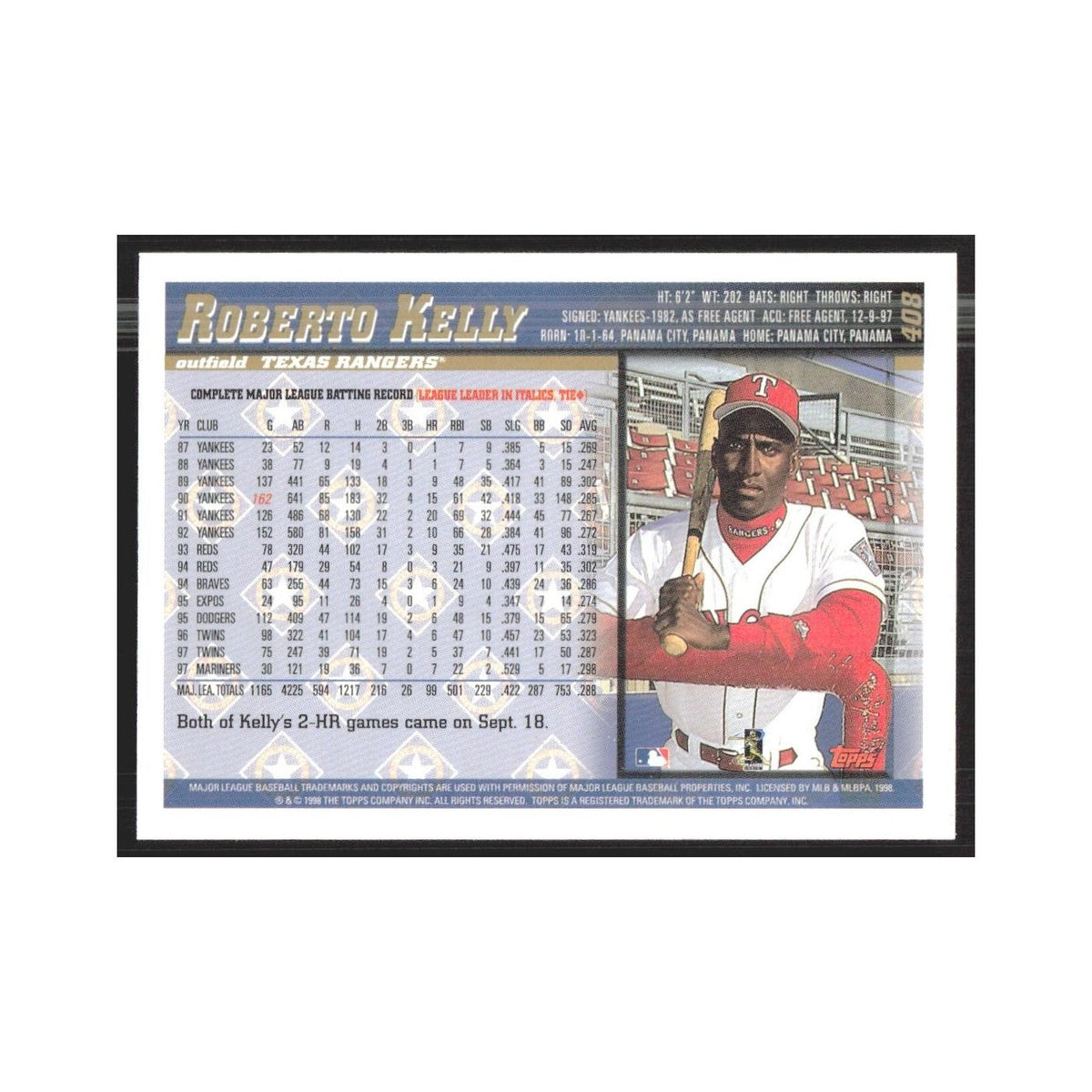 1998 Topps Roberto Kelly Rangers #408