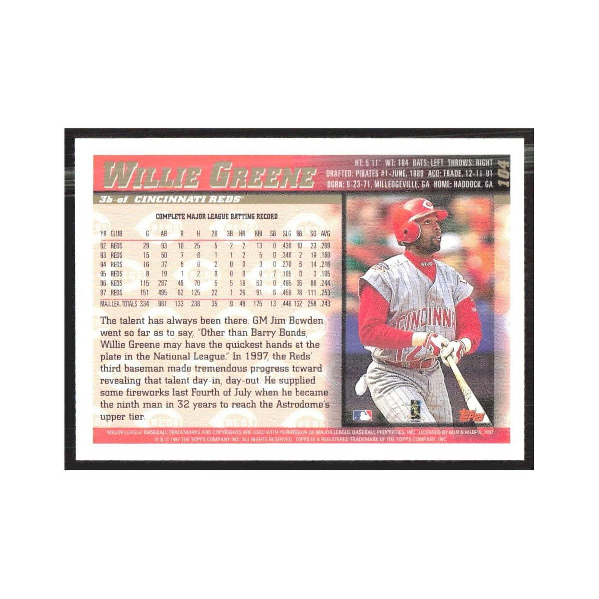 1998 Topps Willie Greene Reds #104