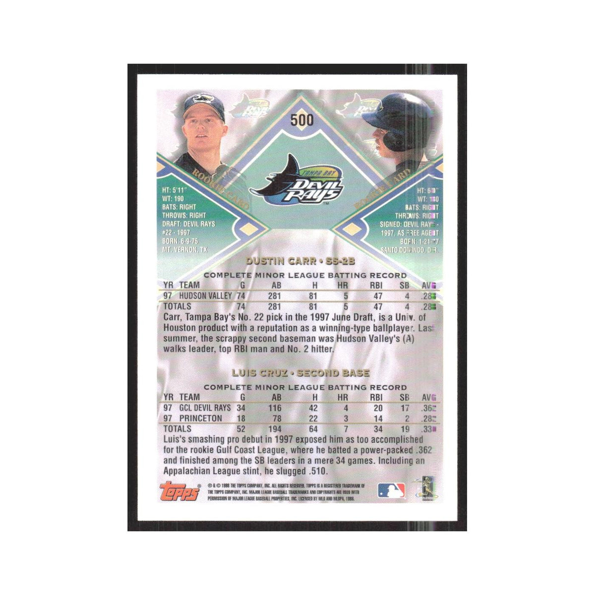 1998 Topps Dustin Carr/Luis Cruz Rays #500