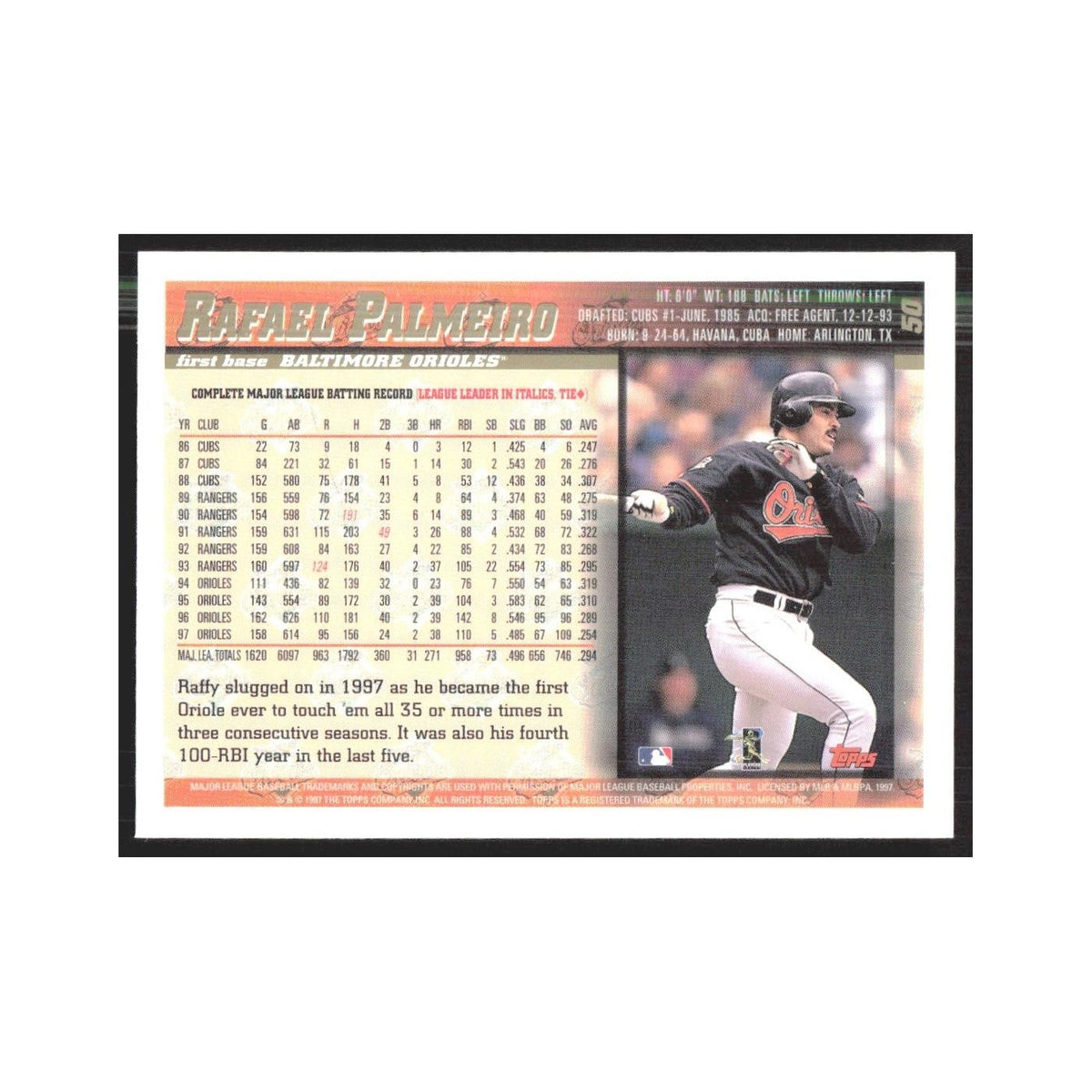 1998 Topps Rafael Palmeiro Orioles #50