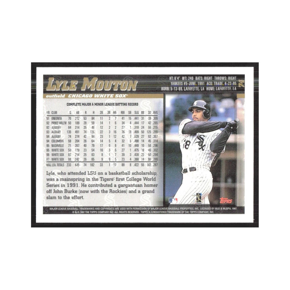 1998 Topps Lyle Mouton White Sox #74