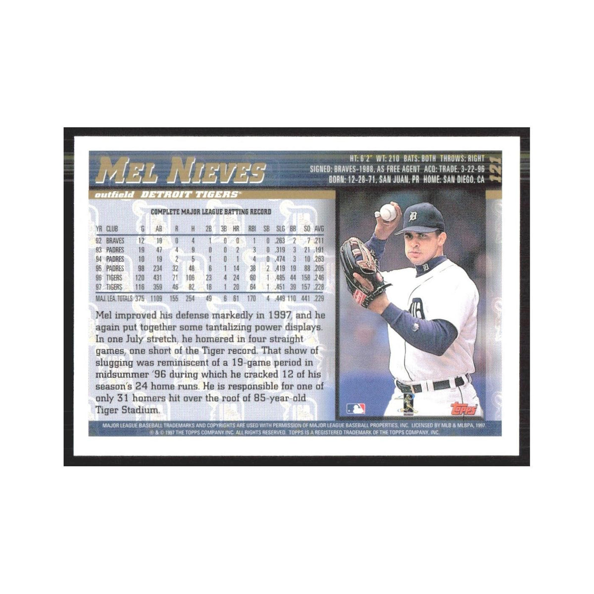 1998 Topps Melvin Nieves Tigers #121