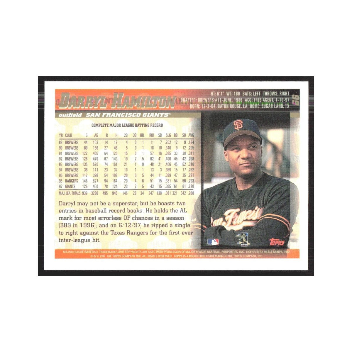 1998 Topps Darryl Hamilton Giants #66