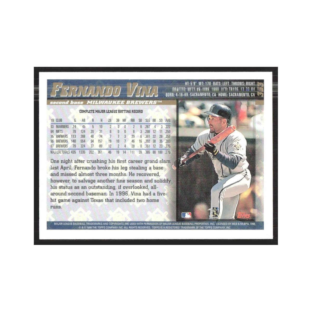 1998 Topps Fernando Vina Brewers #353