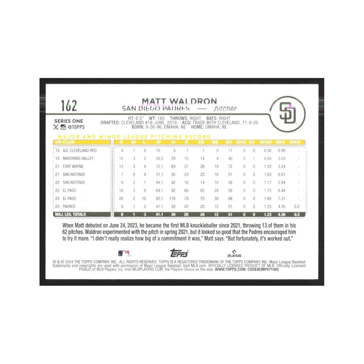 2024 Topps Matt Waldron RC Padres #162