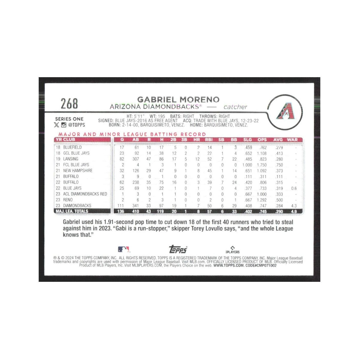 2024 Topps Gabriel Moreno Diamondbacks #268