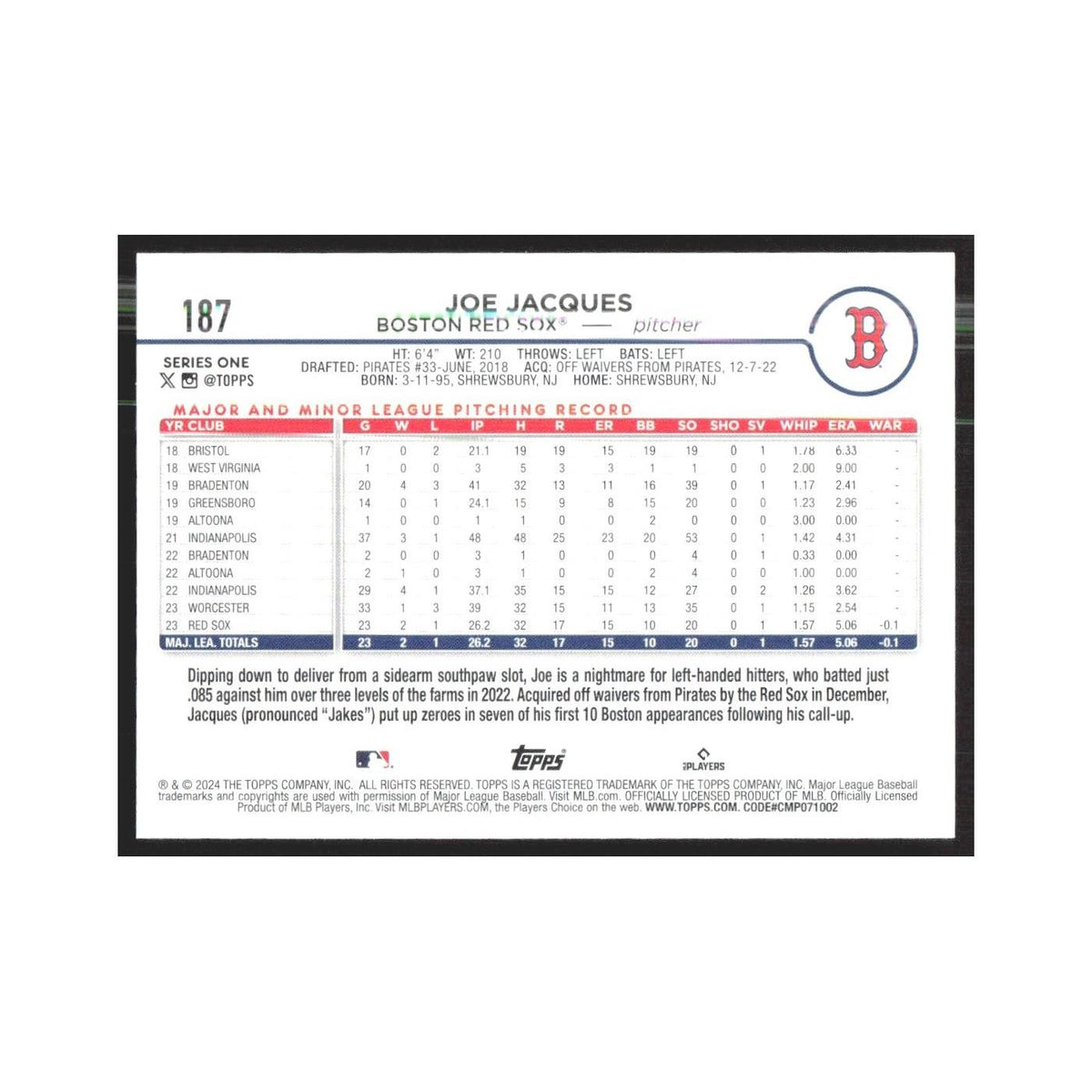 2024 Topps Joe Jacques RC Red Sox #187