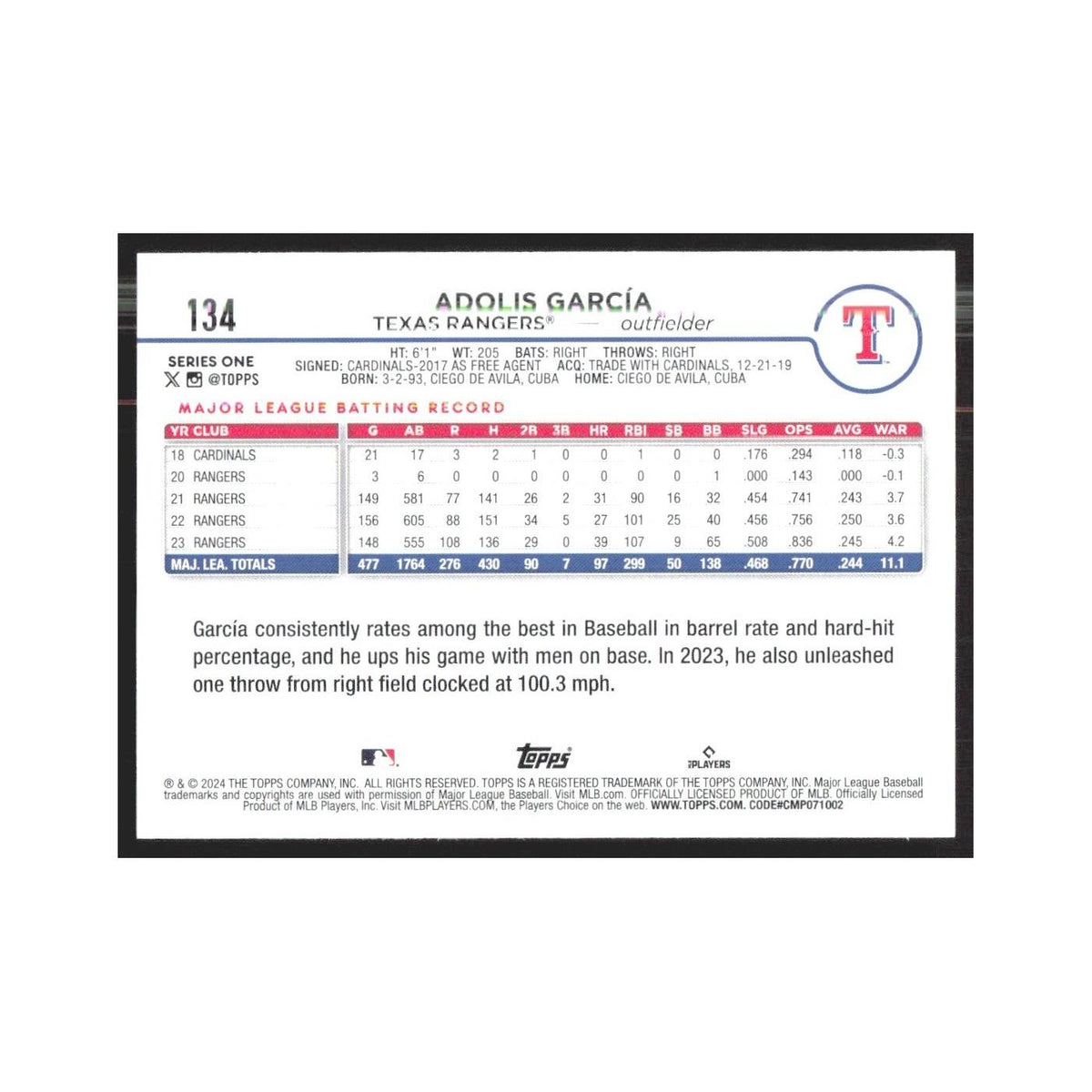 2024 Topps Adolis Garcia Rangers #134
