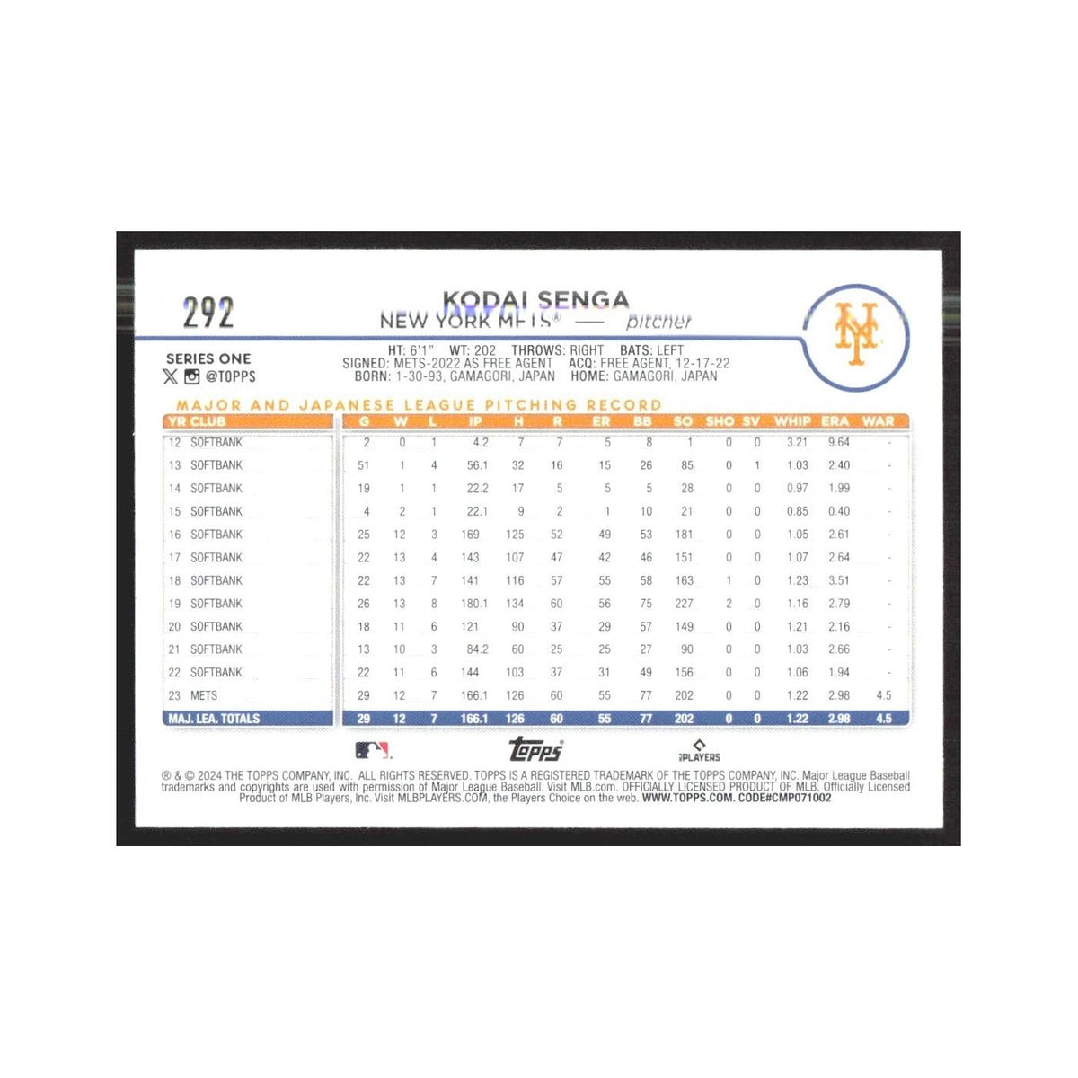 2024 Topps Kodai Senga Mets #292