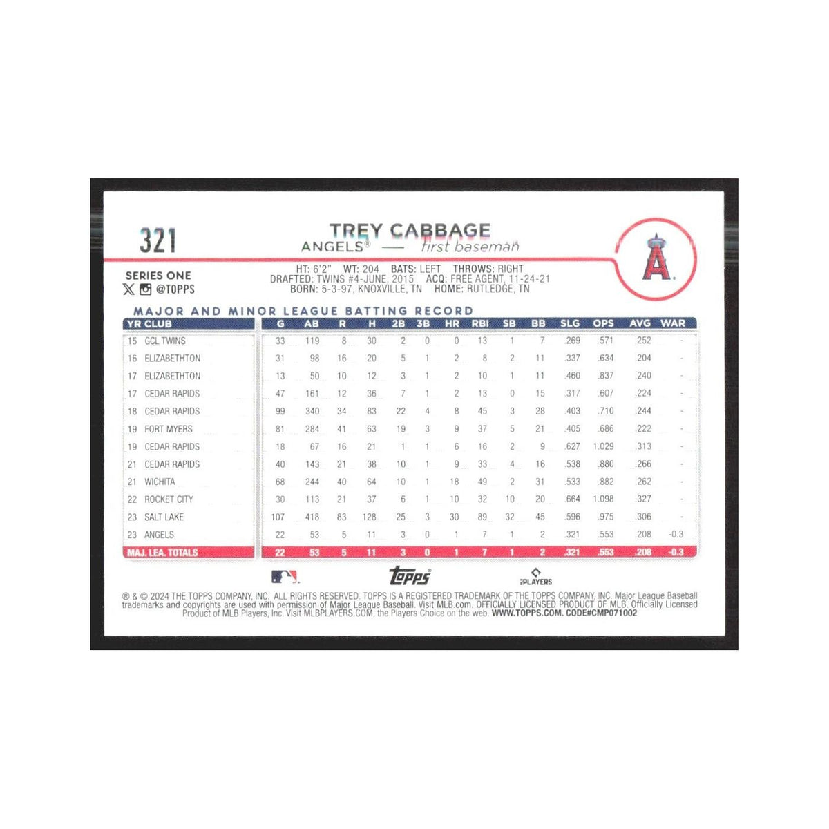 2024 Topps Trey Cabbage RC Angels #321