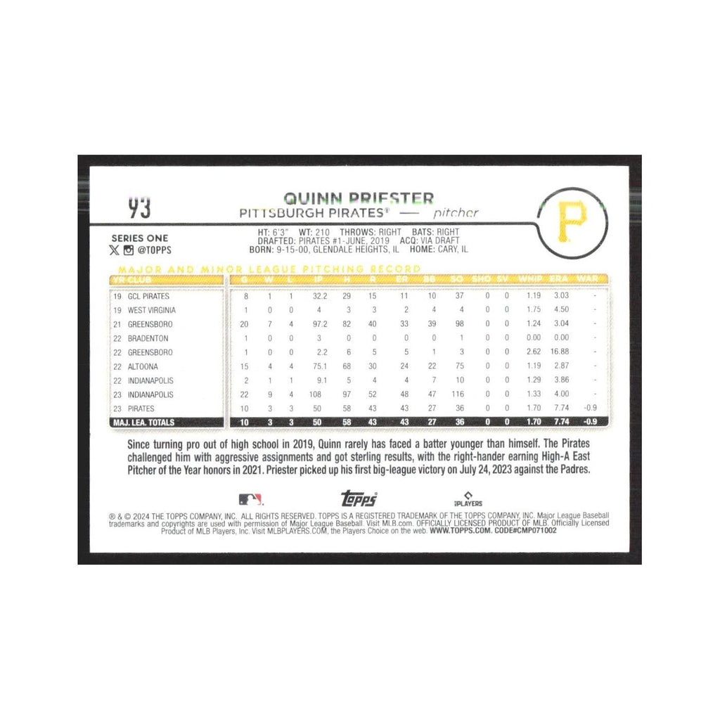 2024 Topps Quinn Priester RC Pirates #93